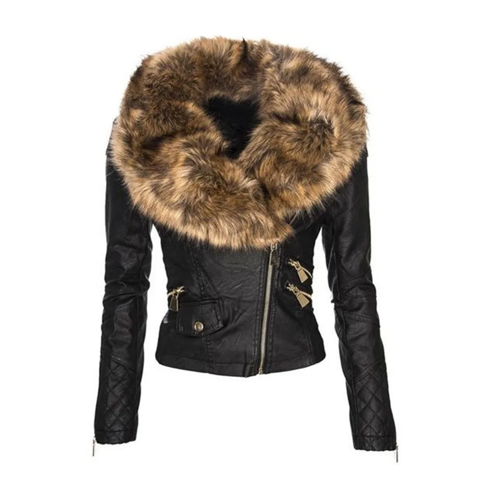 

Autumn 2020 Gothic Motorcycle Jackets Women Faux Fur Leather Jacket Women Hood Winter Warm Black Outerwear PU Outwears