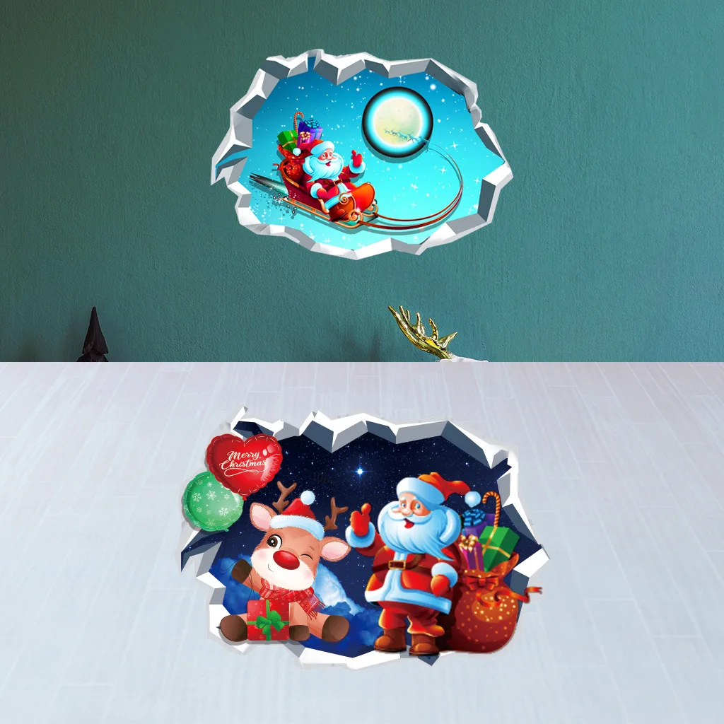 

Милые 3D рождественские наклейки zollor 2021, Подарочные наклейки на стену с Санта-Клаусом и оленем, синие милые съемные украшения для дома, накле...