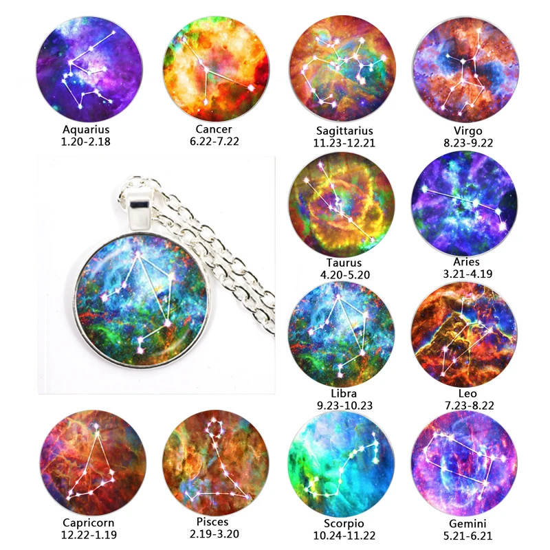 

12 Constellation Glass Cabochon Pendant Necklace Classic Zodiac Sign Horoscope Astrology Jewelry For Men Women Birthday Gift