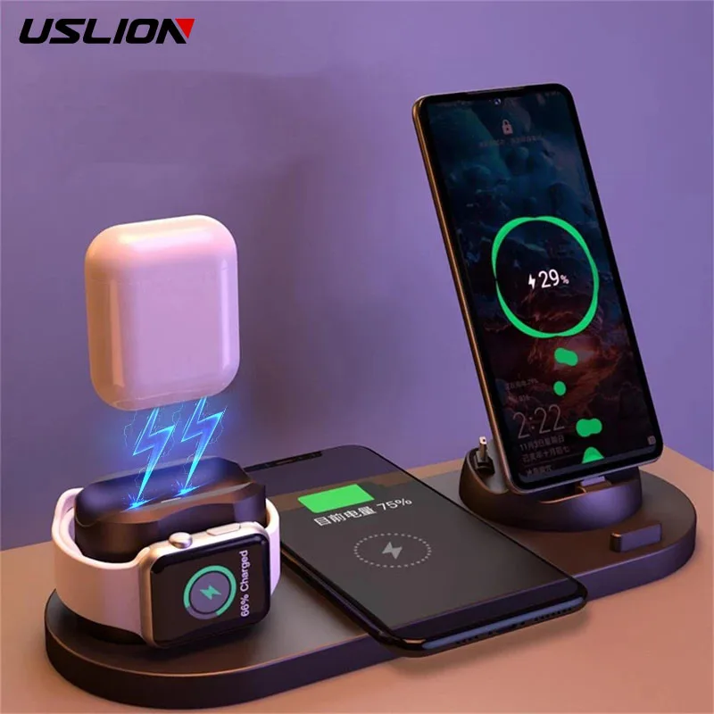 

2021 6 in 1 Wireless Charger Dock Station Type USB C 10W Qi Fast Charging For iPhone 12 Pro Max Apple Watch 6 SE 5 AirPods Pro