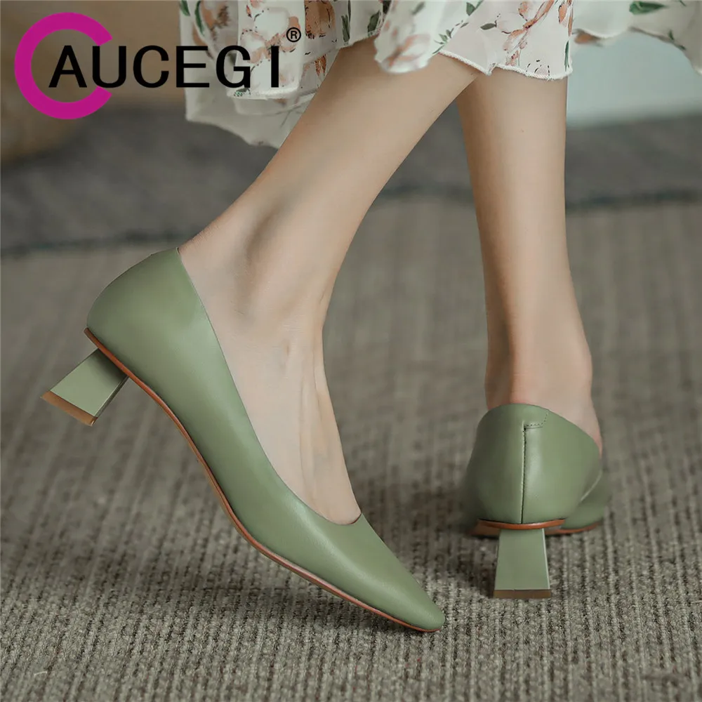 

Aucegi Summer Formal Dress High Heel Pumps Women Small Square Toe Shallow Mouth Designer Brand Cow Leather Business Attire Shoes
