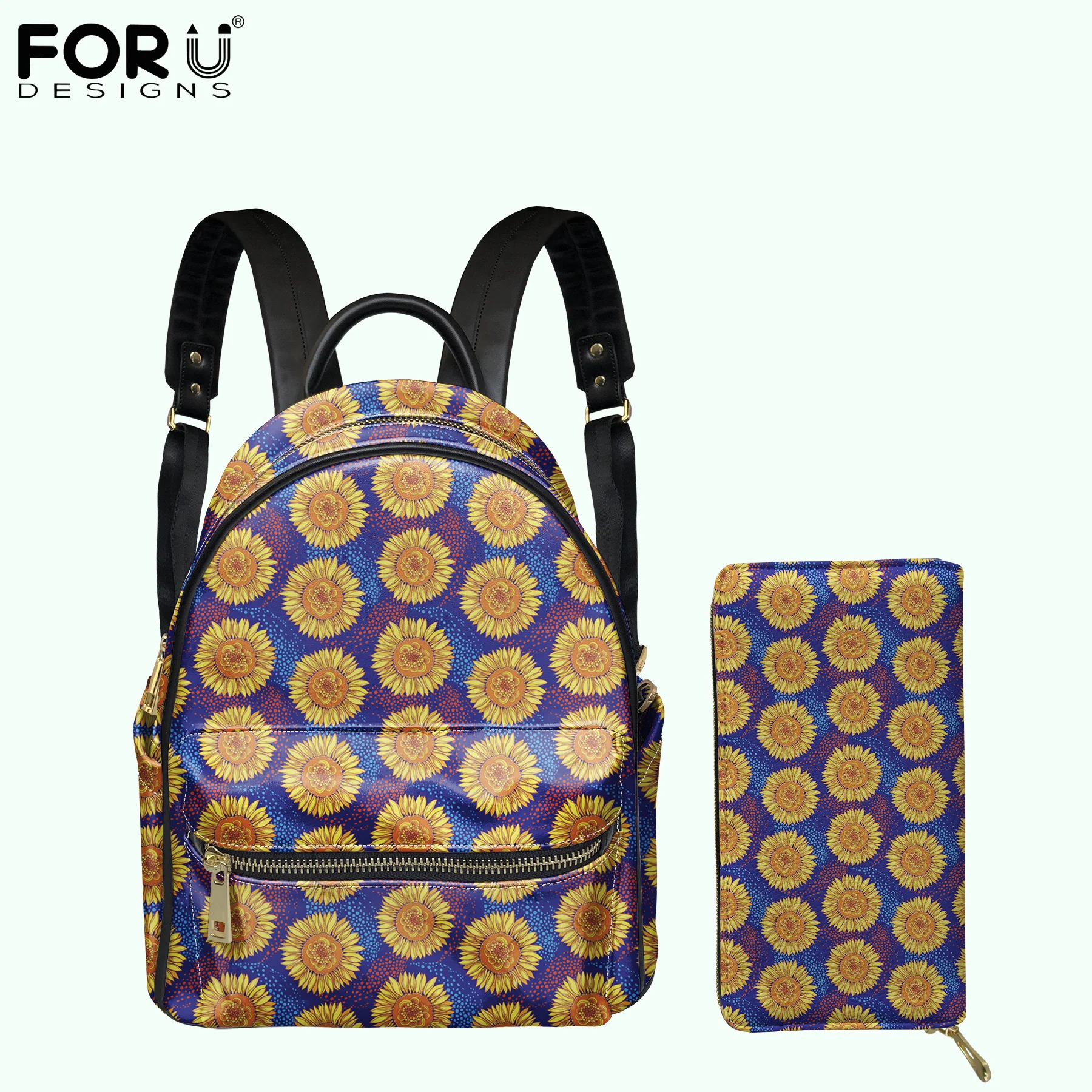 

FORUDESIGNS Stylish Female Shoulders Bag Sunflower Print Pu Leather Women Backpack Wallet Set Casual Daypack Shopper Storage Bag