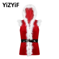 men red soft velvet hooded vest waistcoat faux fur trim christmas costume holiday rave santa claus cosplay xmas clothes dress up