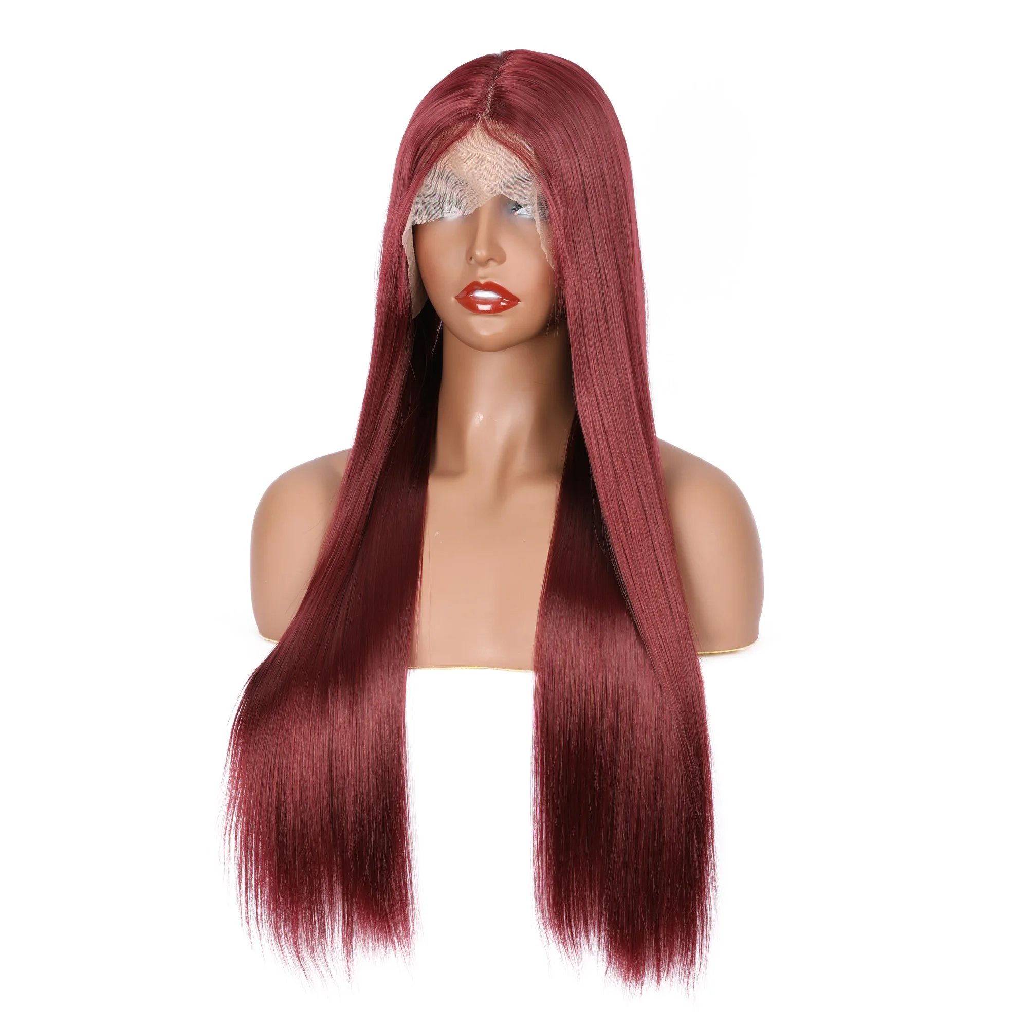 

26 inch Wine Red Long Straight Synthetic Lace Front Wig For Black Women With Baby Hair Wig180 Density Natural Hairline