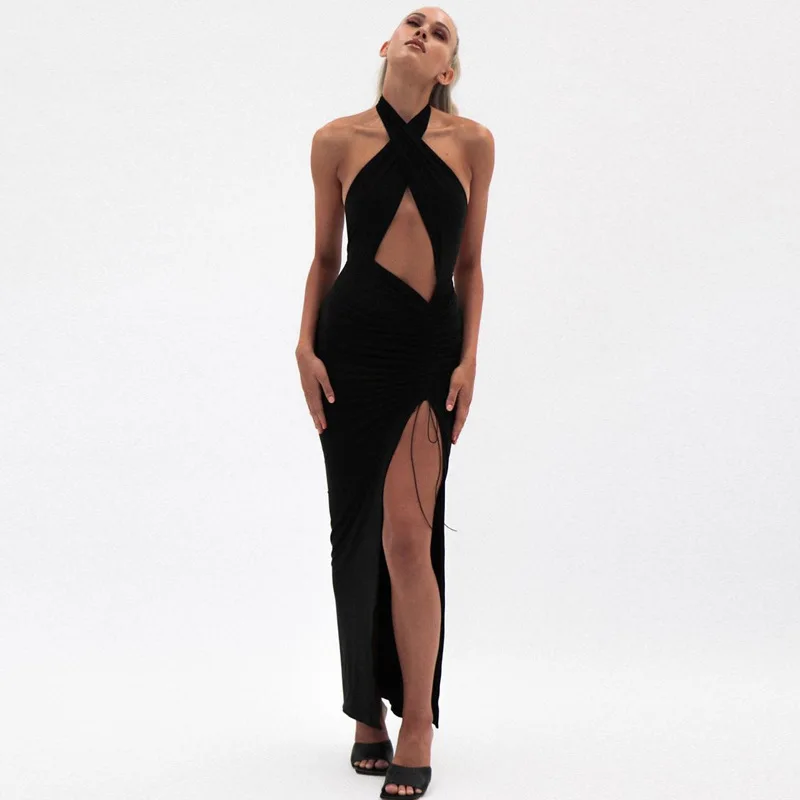 

Cryptographic Sexy Backless Cut-Out Maxi Dress Gown Elegant Drawstring Ruched Split Dress Party Night Club Summer Dresses 2021