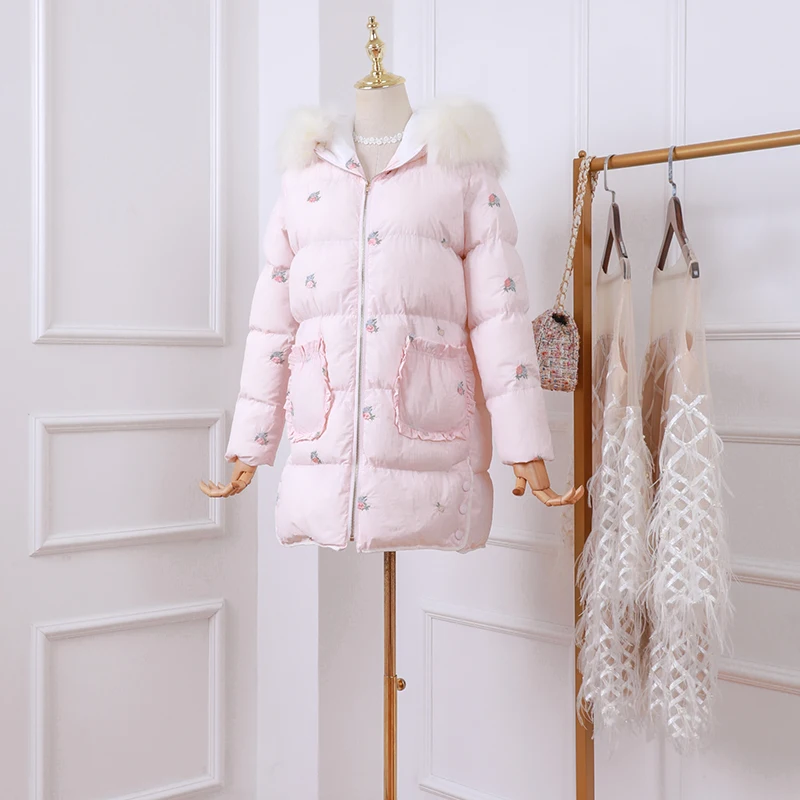 2019 autumn and winter new sweet long thick warm wool collar embroidery cotton coat women | Женская одежда