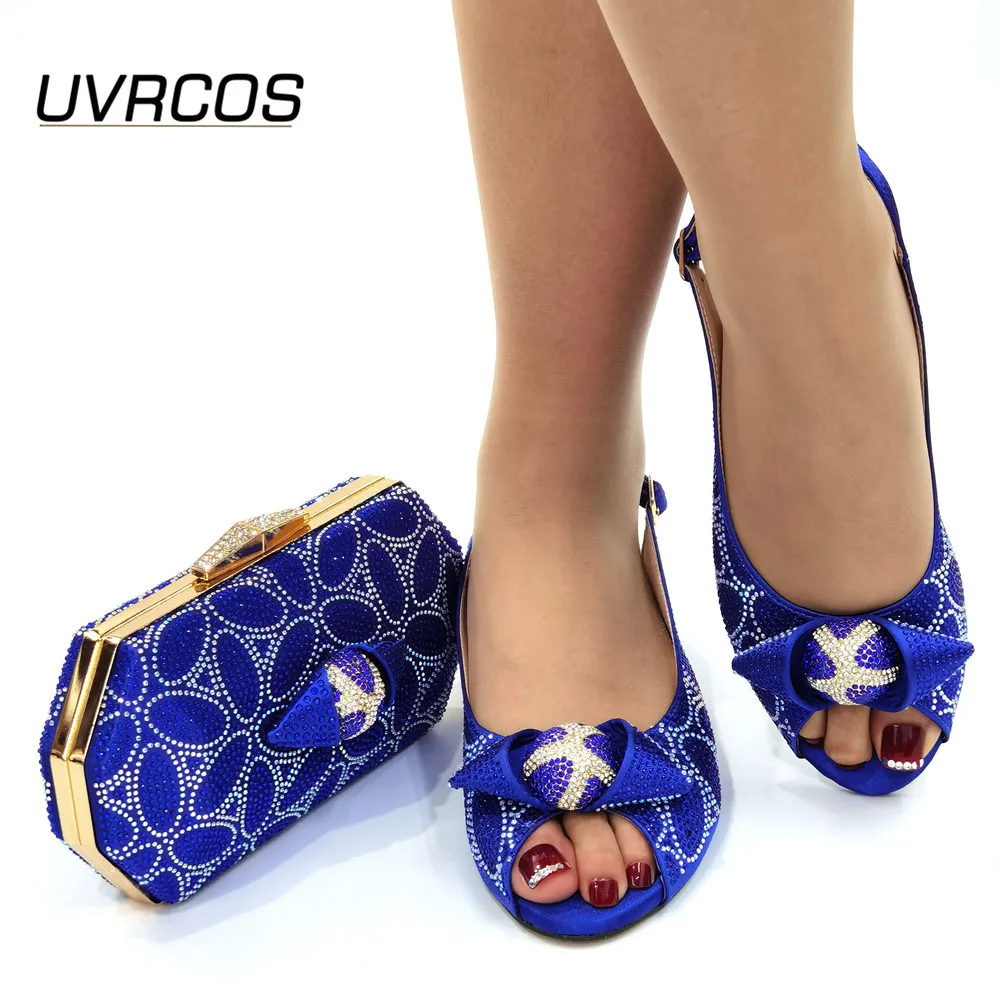 

Good Arrival Italian design Ladies Wedding Shoes and Bag Set Decorated with Rhinestone African Matching Shoes and Bags In Blue