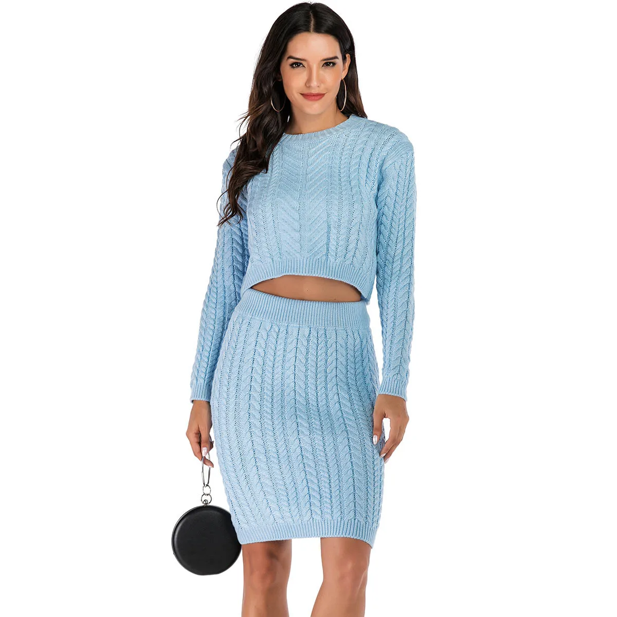 2019 autum winter Women 2 piece o neck Light Blue sweater dress | Женская одежда