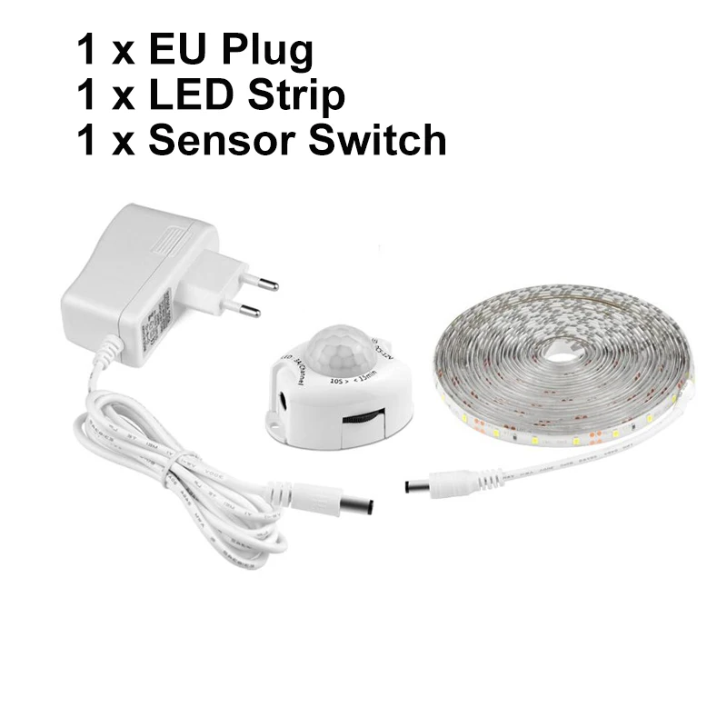 1 set With EU Plug Светодиодная лента 1 м/2 м/3 м/4 м/5 м, 12 В, датчик движения, светильник под шкаф, кухонный светильник, шкаф, кровать, комната, светильник, полоса, лампа - Цвет: 1 set With EU Plug