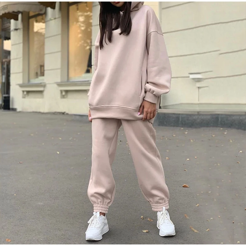 

Women Elegant Solid Sets For Women Warm Hoodie Sweatshirts And Long Pant Fashion Two Piece Sets Ladies Lace Up Sweatshirt Suits