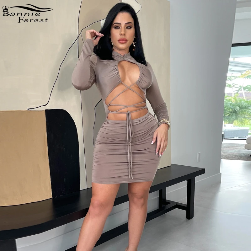 

Bonnie Forest Womens Turtleneck Hollow Out Lace-Up Basic Mini Dress Casual Long Sleeve Tight Party Club Dress Rave Outfits