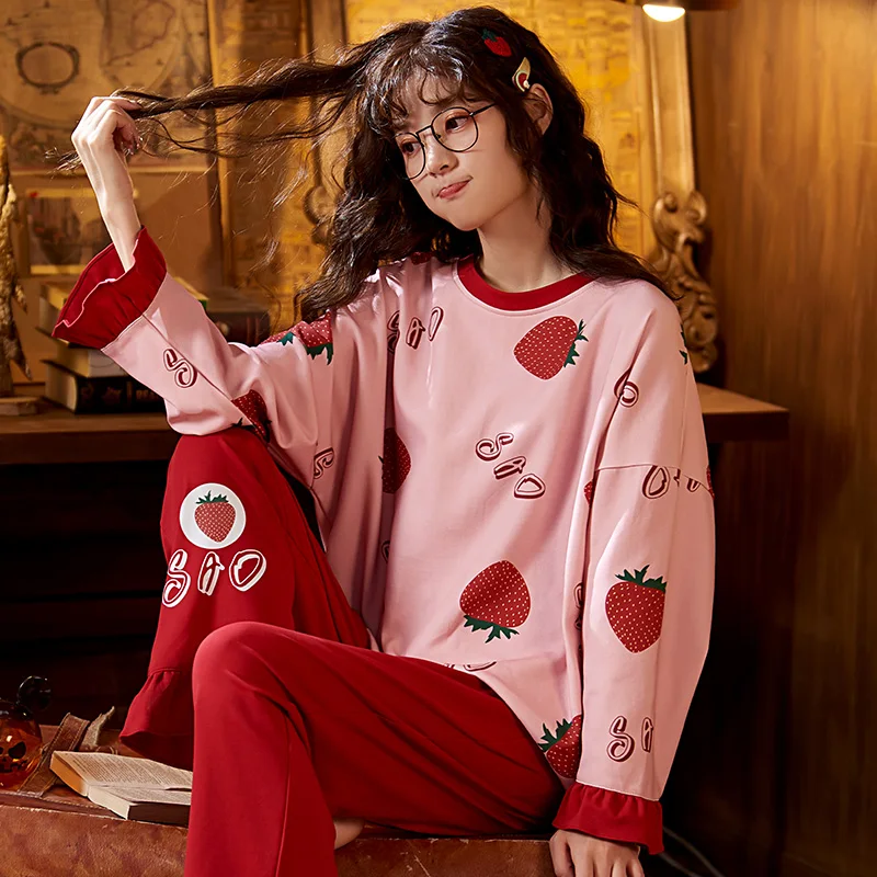 

Female's Pajama Sets Plus Size M-5XL Pajamas Lovely Cartoon Sleepwear Long Sleeve Full Cotton Pyjamas For Women Leisure Outwear