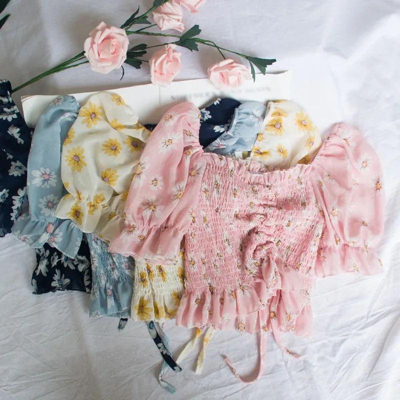 

Women's Summer Chiffon Shirts Sweet Style Floral Print Slash Neck Blouses Sexy Pleated Puff Short Sleeve Tops Clothing