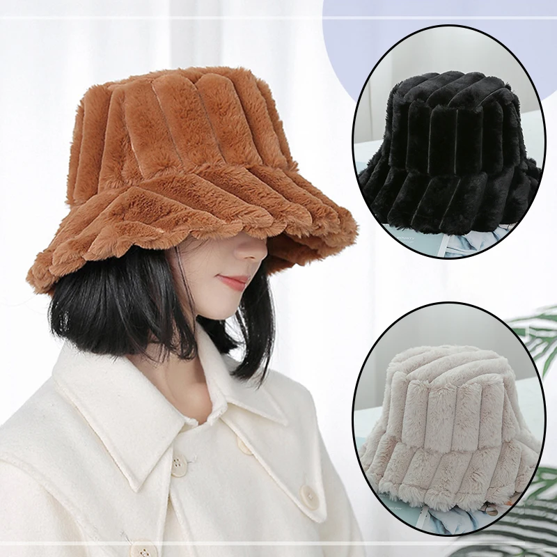 

1PCS women's 2021 new solid color basin hat fur warm hat ladies thick rabbit plush fisherman hat striped flat top hat S78