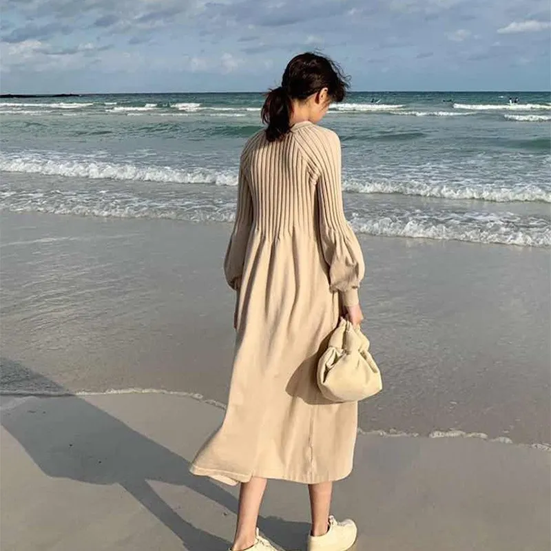 Женское трикотажное платье с рукавом-фонариком весеннее высокой талией