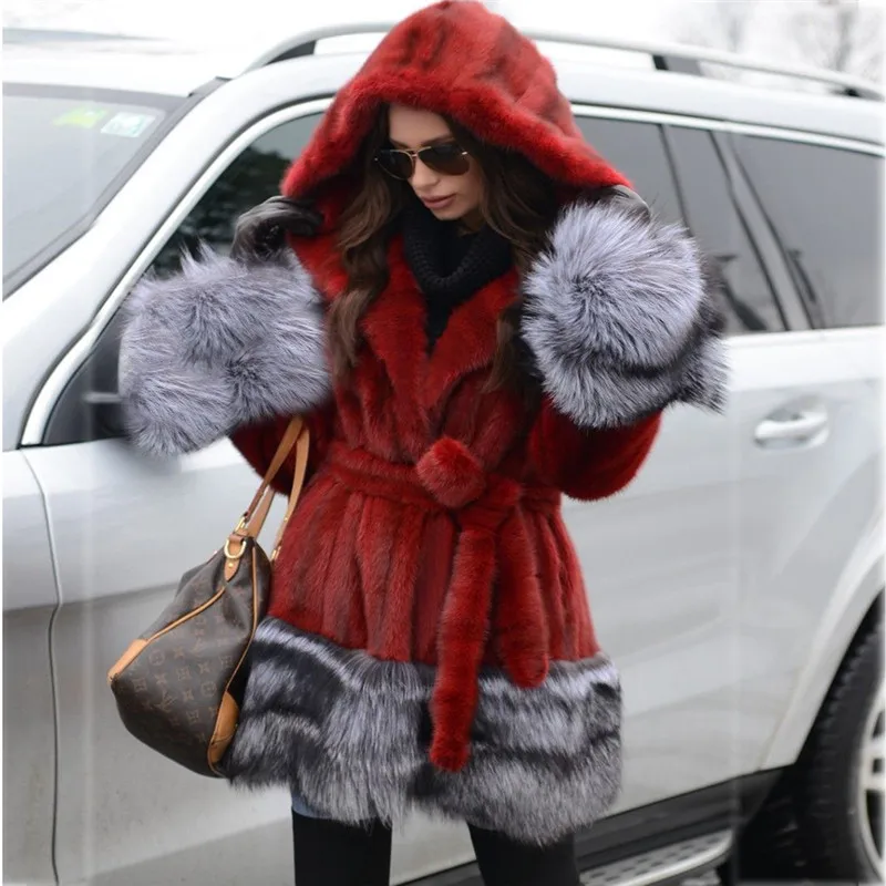 

Fashion Red Mink Fur Coats with Hood 2021 New Natural Women Full Pelt Genuine Mink Fur Coat with Silver Fox Fur Cuffs and Bottom