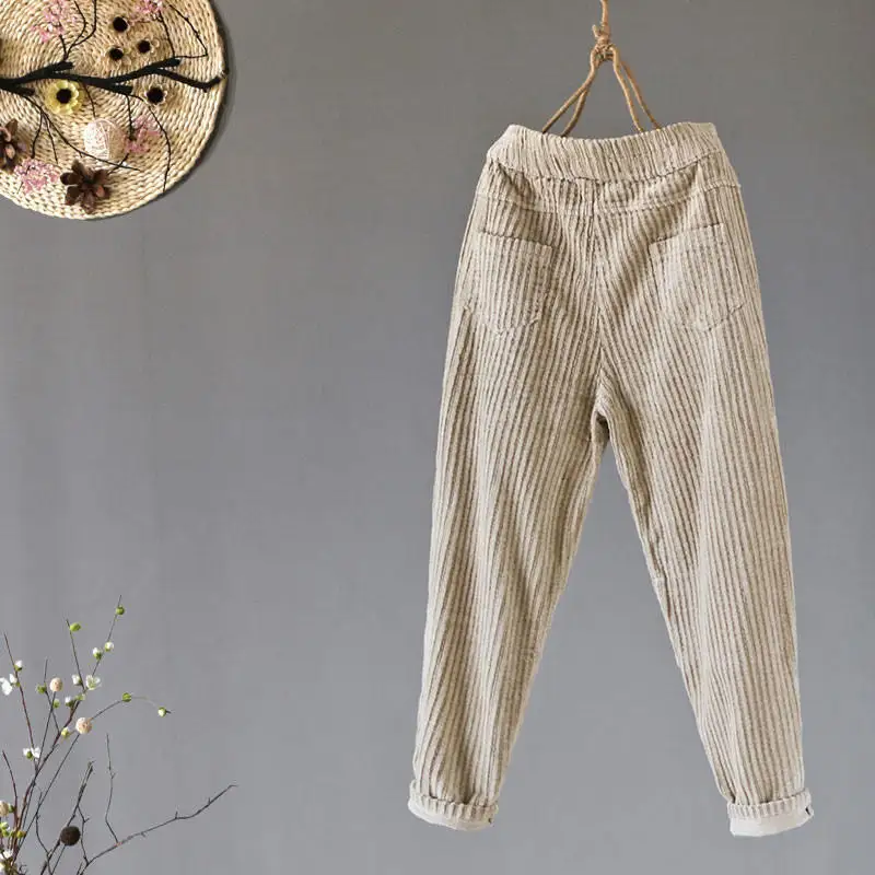 Женские вельветовые шаровары винтажные повседневные теплые с эластичным поясом