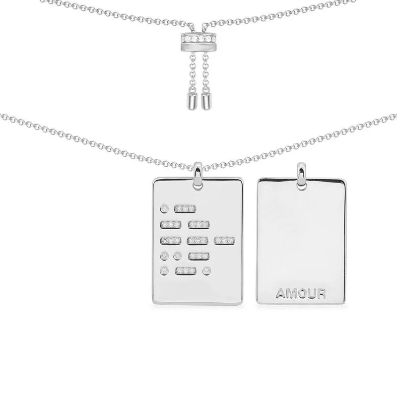 

Top Quality Solid 925 Sterling Silver Amour Morse Code Rectangle Pendant Adjustable Necklace Women Luxury Brand Jewelry