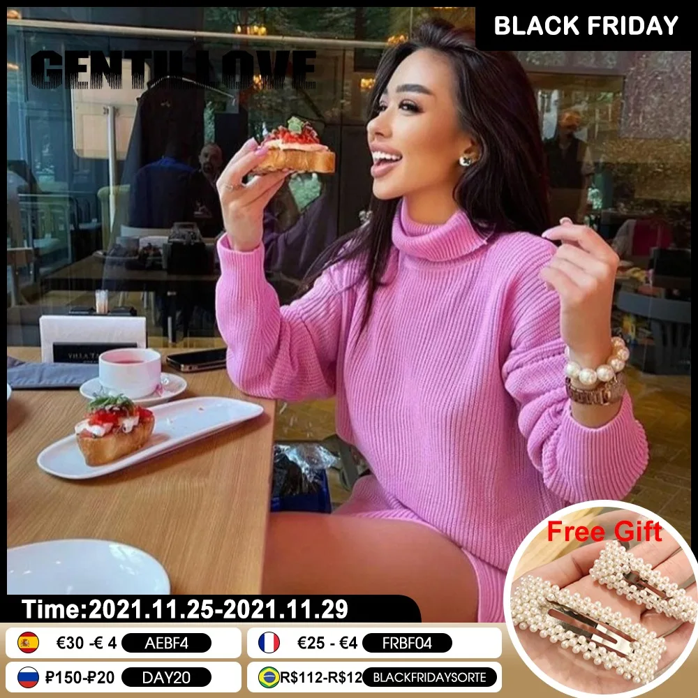 

Women's Knitted Skirt Suit Turtleneck Sweater 2 Pieces Sets Winter Long Sleeve Pullover Sexy Side Split Midi Skirts Outfits