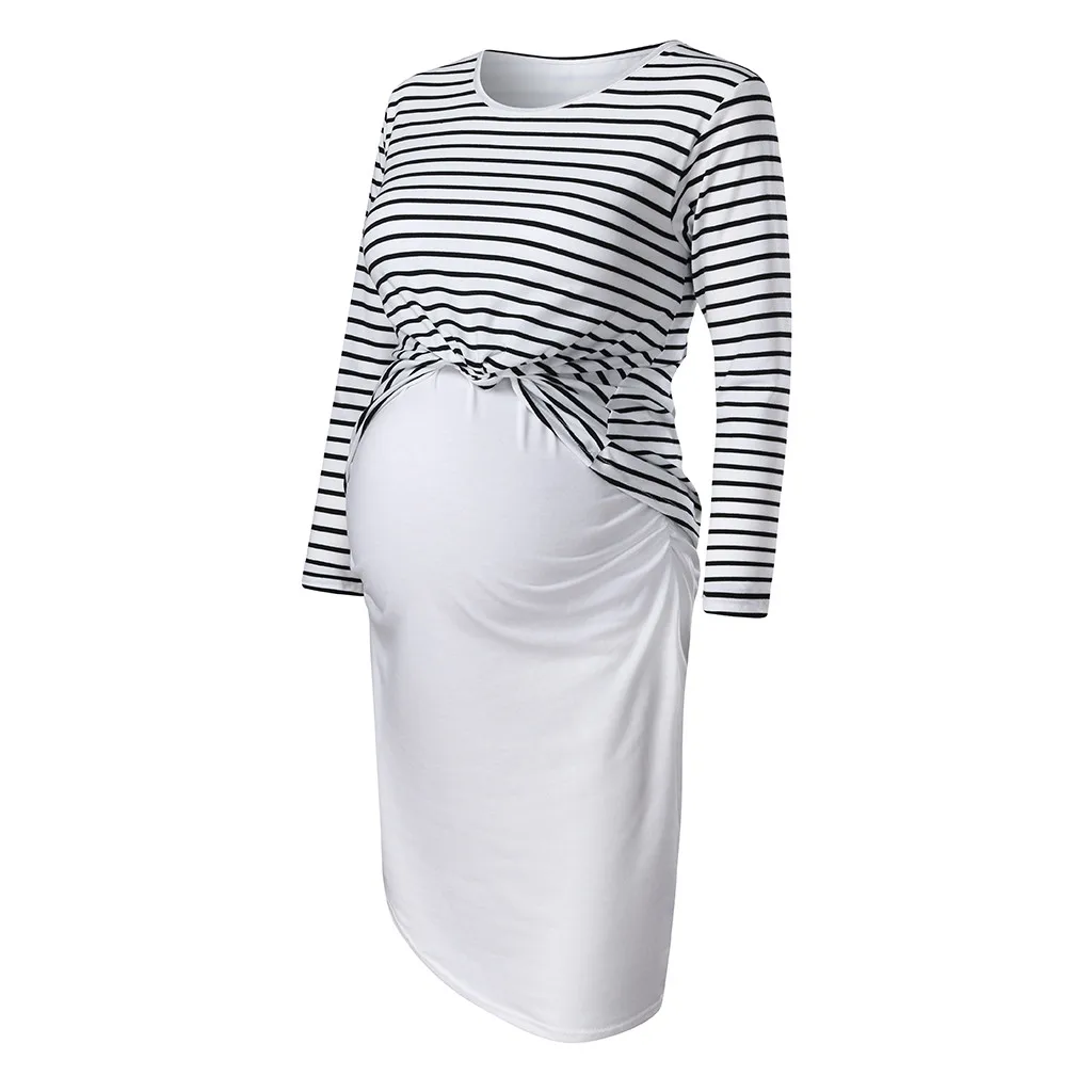 Платья для беременных женщин с круглым вырезом и длинными рукавами в полоску