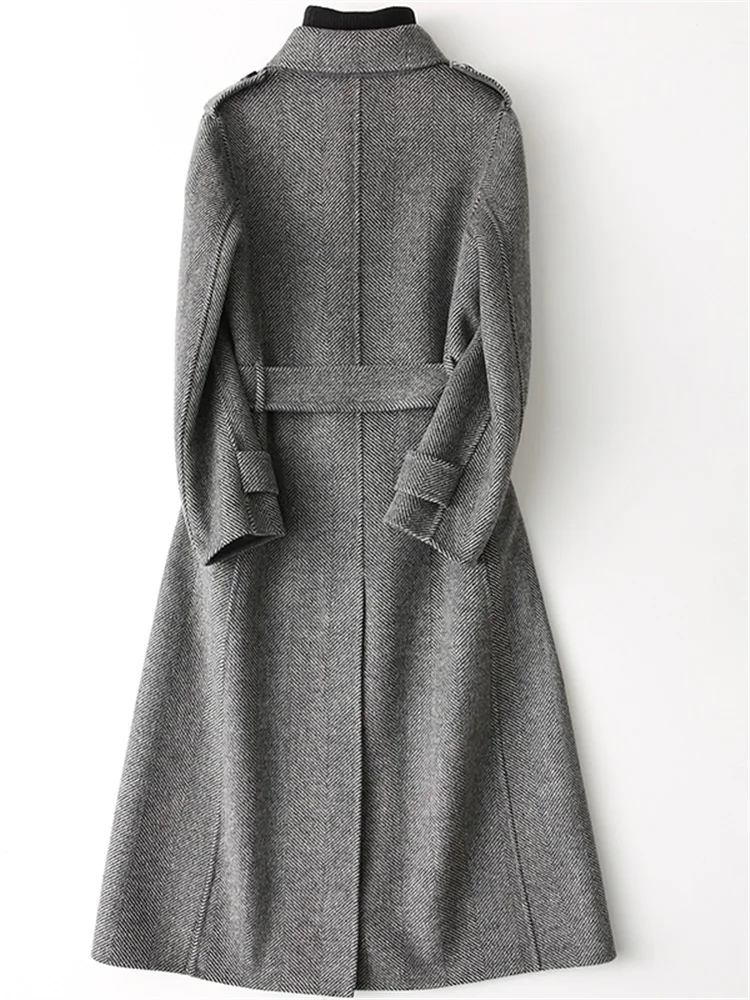 Женское двухстороннее пальто из 100% шерсти длинный двубортный Тренч верхняя