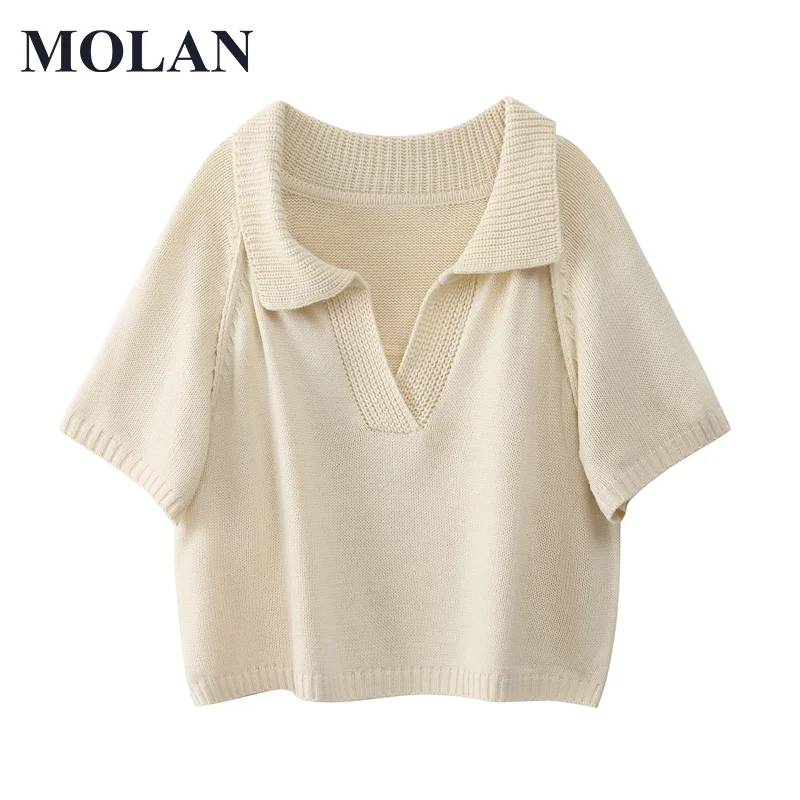 

MOLAN Sexy Short Sweater Woman Za Fashion Short Sleeve Lapel Knitted Elegant Casual Sweater 2021 New Female Pullover Crop Top