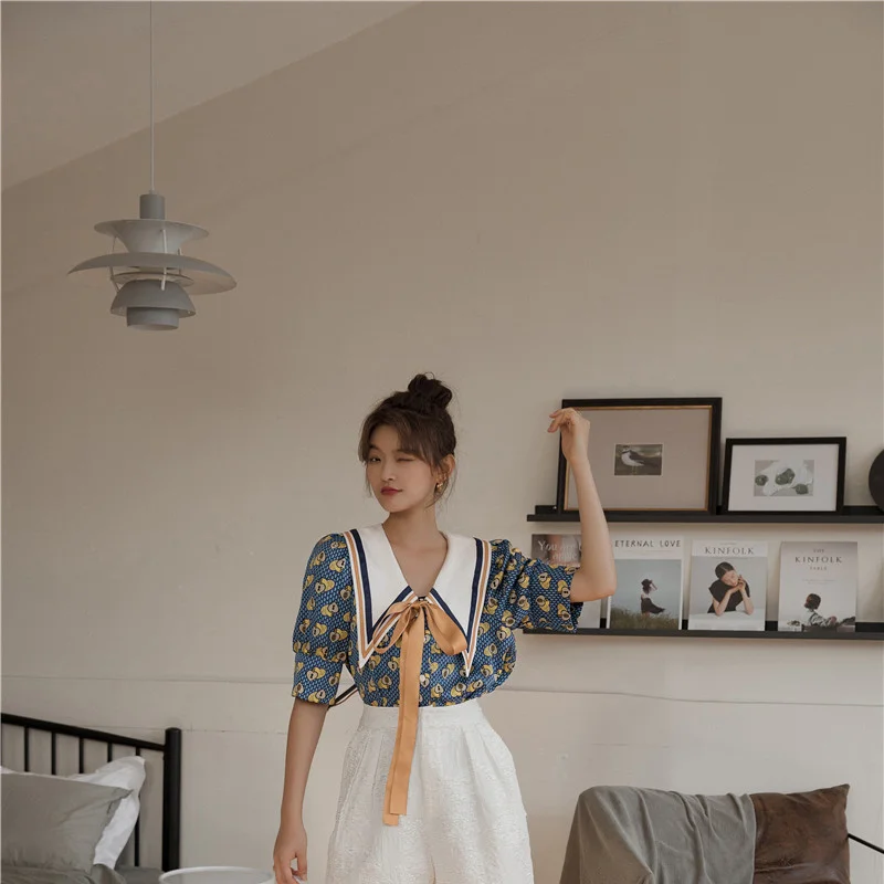 

women blouse summer blue print short square collar tops design temperament chiffon puff sleeve niche bow shirt femme