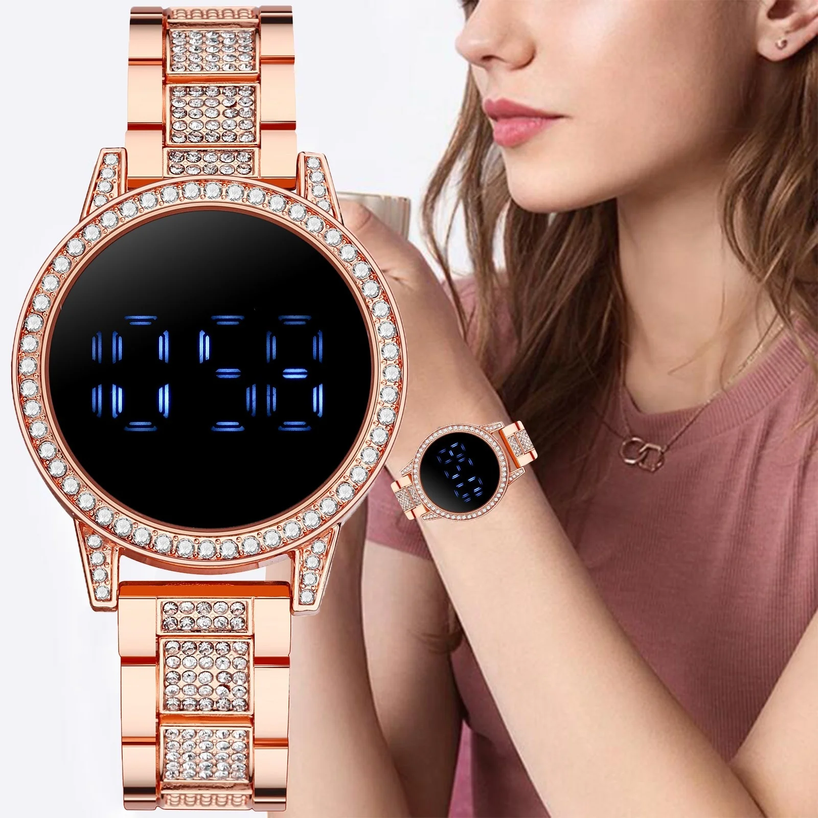 

Роскошные женские часы из нержавеющей стали, круглые, кварцевые, со светящимся циферблатом и светодиодом