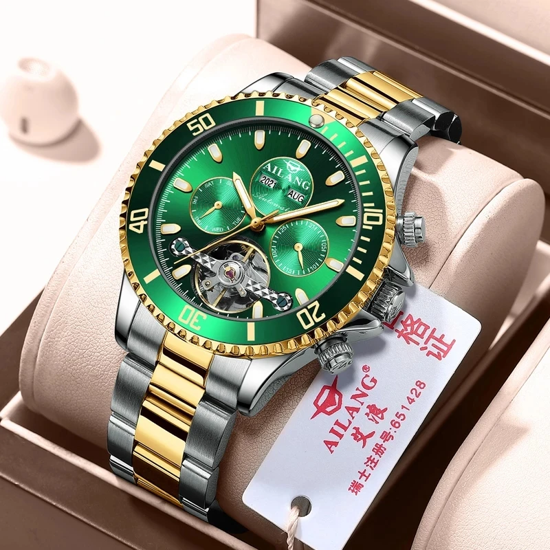 AILANG New Men's Product Watches  Automatic Tourbillon Mechanical Hollow Binocular Calendar Luminous Waterproof Stainless Steel