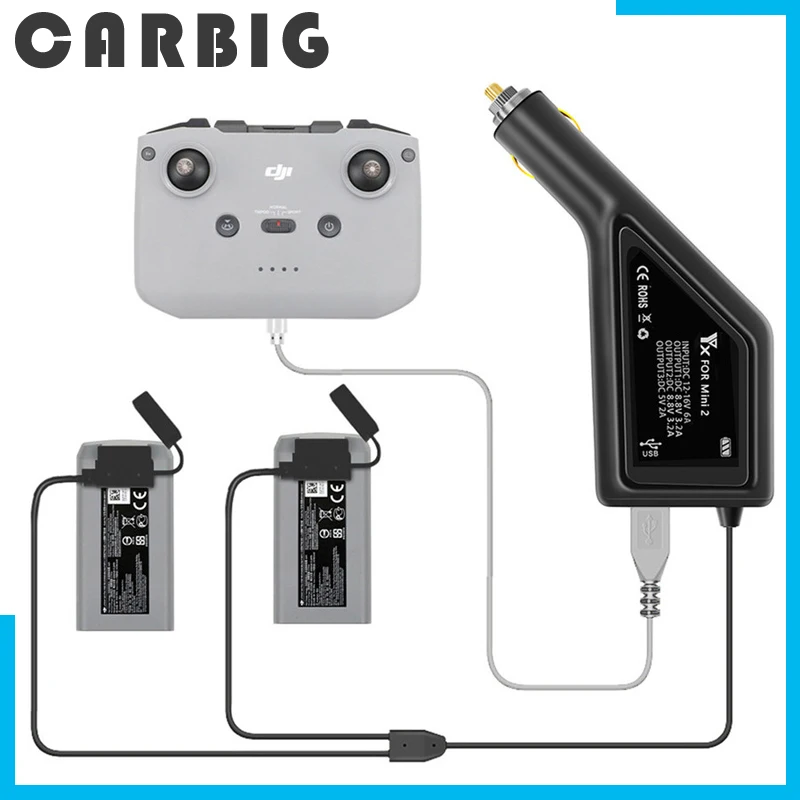 

3-in-1 Dual Battery Remote Controller Charger with USB Port for DJI Mavic Mini 2 Car Charger Drone Accessories