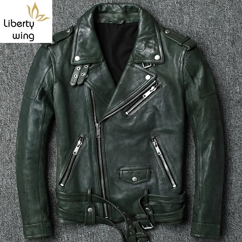 

High Quality Turn-Down Collar Sheepskin Motorcycle Genuine Jacket Mens Slim Adjustable Waist Sequined Real Leather Coat