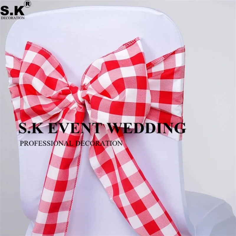 

6"x108" Plaid Checkered Polyester Chair Sash Tie Bow Band For Banquet Wedding Chair Cover Decoration