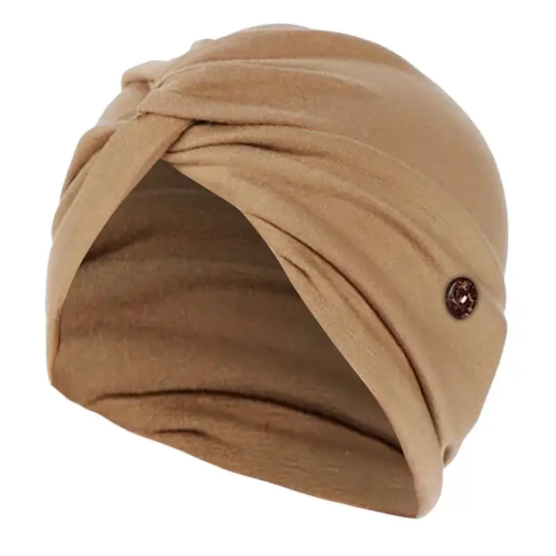 

Women Muslim Turban Cap with Button Ear Protection Tie Knot Hair Loss Chemo Hat B95F