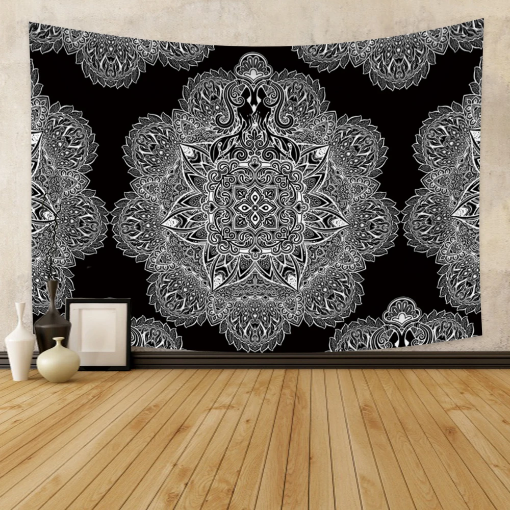 

laeacco Mandala Tapestry Psychedelic Wall Hanging Black White Hippie Bohemian Wall Carpets Dorm Decor Blanket Yoga Mat