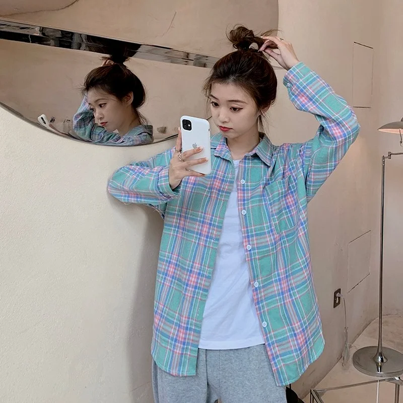 

Women Plaid Shirts Long Sleeve Loose Casual Spring Summer Outwear Straight All-match Girls Simple Fashion Vintage Korean Ulzzang