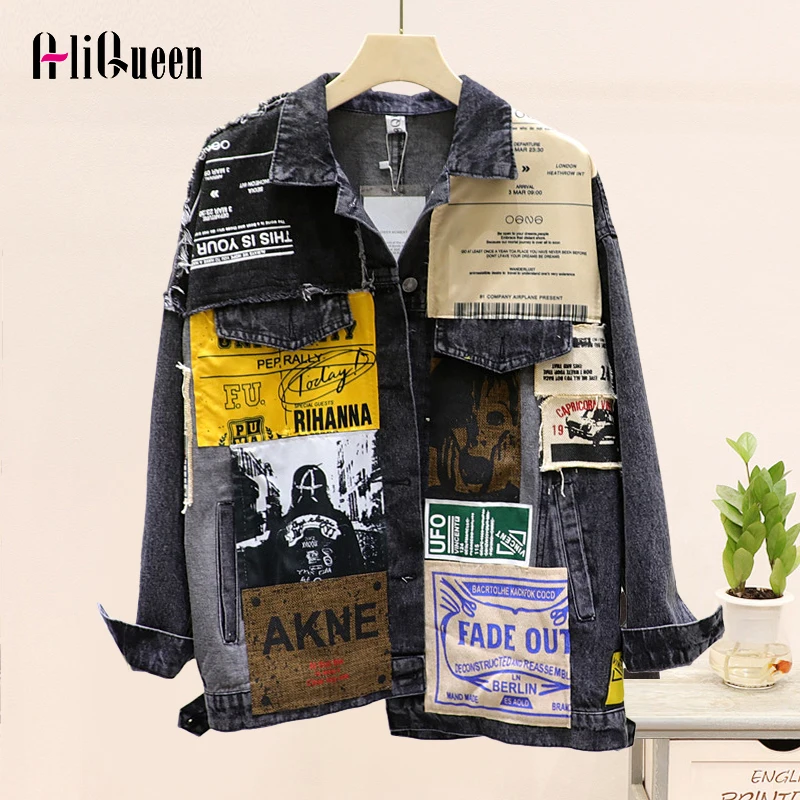 Женская джинсовая куртка Harajuku черная Повседневная Свободная в стиле хип-хоп с