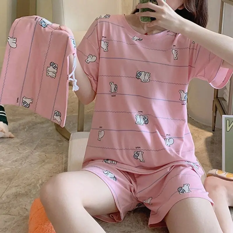 

Women Summer Pajamas Set Short Sleeve Tops + Shorts Cute Fruit Print Sleepwear Set With Bag Loose Homewear