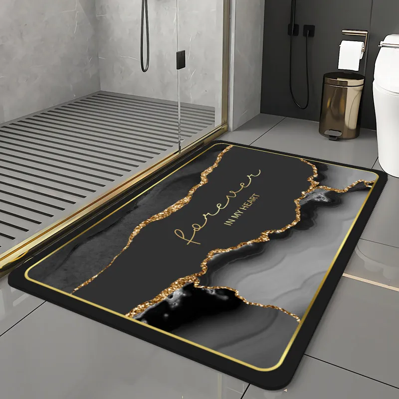 Black Marble Bathroom Mat Diatomite Quick Dry Luxury Floor Bath Mat Absorbent Non-slip Rubber Bottom Entrance Mat Hallway Rug