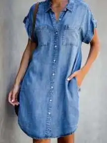 

Women Short Sleeve Pockets Single-breasted Irregular Hem Knee-length Loose Dress Polyester Jeans Women Summer Dress