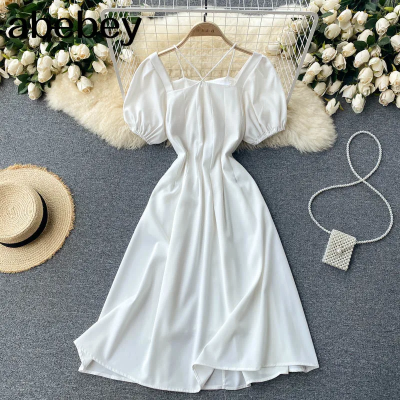 

Women Elegant French Dress Square Collar Puff Sleeve Solid A-line Office Dress Summer Fashion Streetwear Mini Sundress
