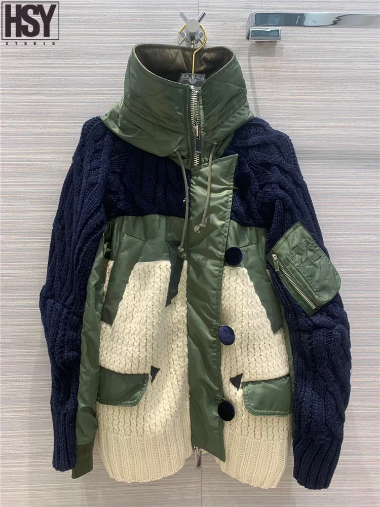 【HSY】2019 Осень Зима Новая Женская Лоскутная куртка мешковатая грубая вязаная