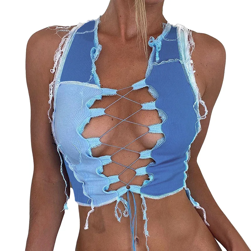 Сексуальная Лоскутная Клубная одежда с длинным рукавом и шнуровкой футболка