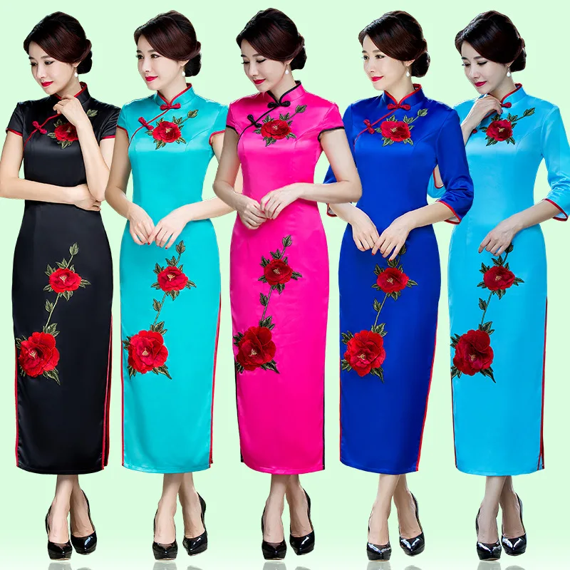 

Lady Banquet Show Satin Cheongsam Slim Retro Mandarin Collar Large Size Chinese Dresses Embroidery Flower Split Prom Dress Qipao
