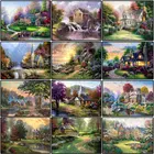 Дом двор вышивка пейзажа узор смола камни в форме ромбаНабор для рисования с круглыми камнями и полотном 5D Сделай Сам картины 3d вышивки крестом мозаика Свадебный декор