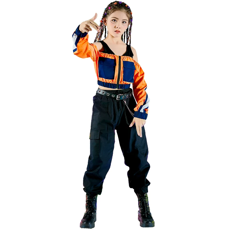 

New Ballroom Hip Hop Dance Costumes For Kids Long Sleeve Tops Black Loose Pants Girls Jazz Street Dance Wear Rave Clothes