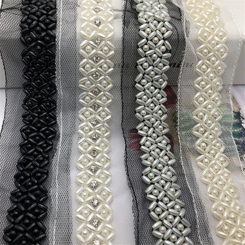 

3 ярда, жемчужины цвета слоновой кости, Кружевная Сетка из бисера, кристаллы из бисера для «сделай сам», кружевное украшение для одежды, кост...