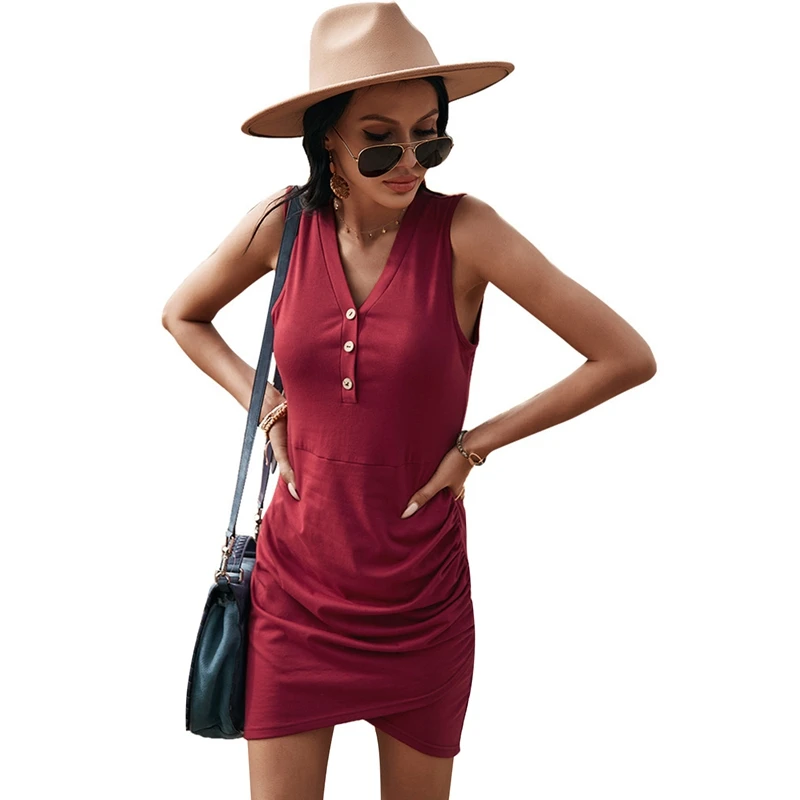 

Summer Ruched Dress Women Sleeveless Sexy Dresses for Women Solid Color Slim Irregular Sundress