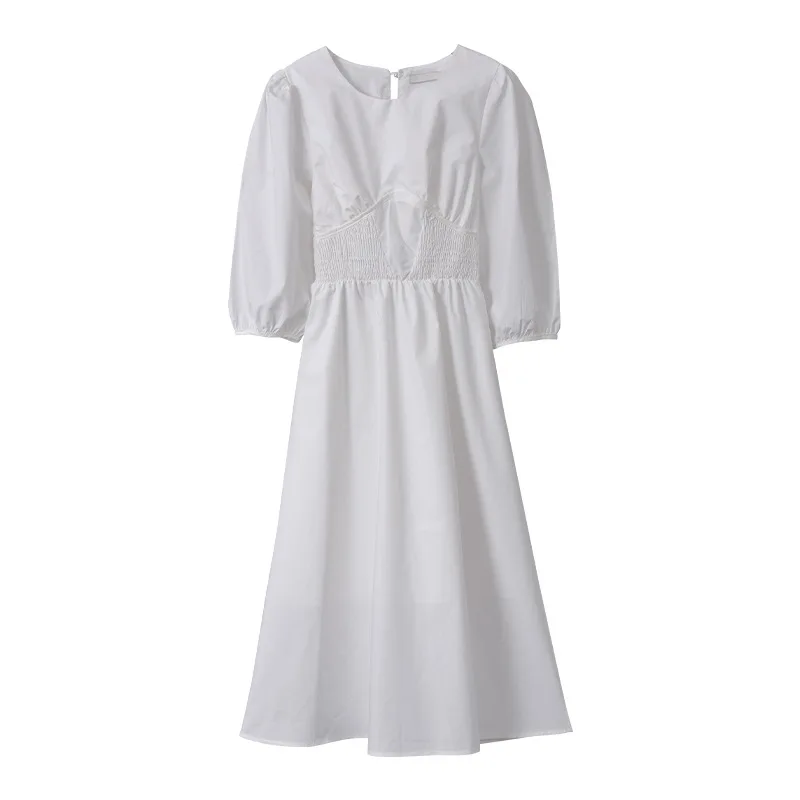 

TVVOVVIN French Bubble Sleeve Mid-length Dress Women's 2021 Spring Simple High Waist O-neck A-line Dress Y3WZ