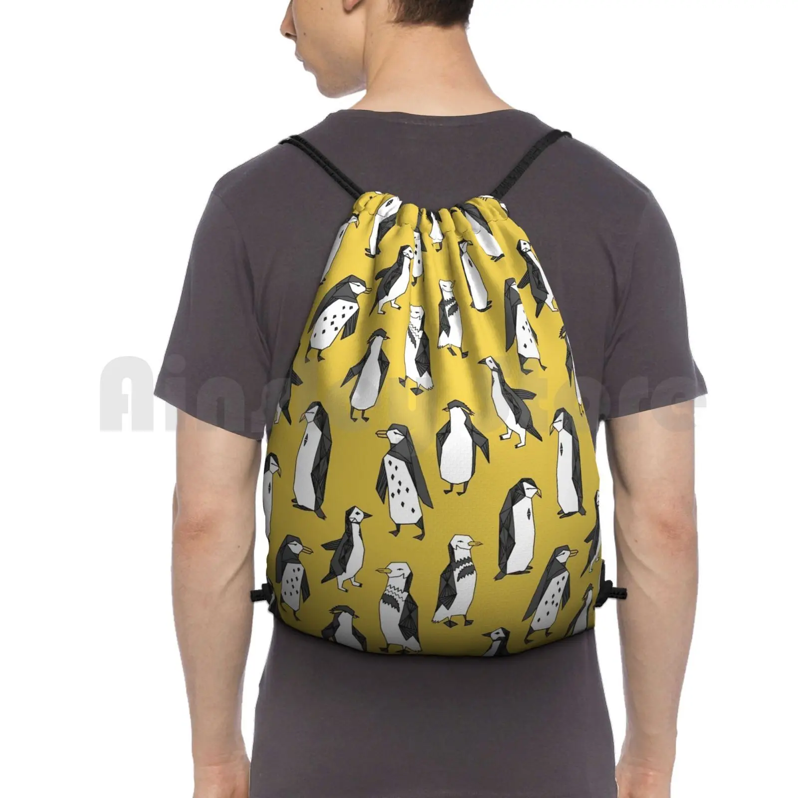 

Penguins-Mustard By Andrea Lauren Backpack Drawstring Bags Gym Bag Waterproof Pattern Penguin Bird Andrea Lauren