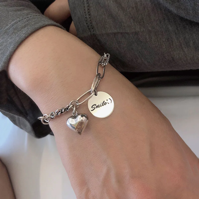 

925 Sterling Silver Vintage Smooth Love Heart Smiling Face Thai Silver Bracelet Punk Jewelry For Women Jewelry S-B345